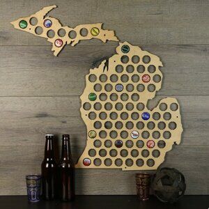 NEW Wooden Michigan Beer Cap Map,  Beer or Pop Cap Holder, Mancave wall hanging